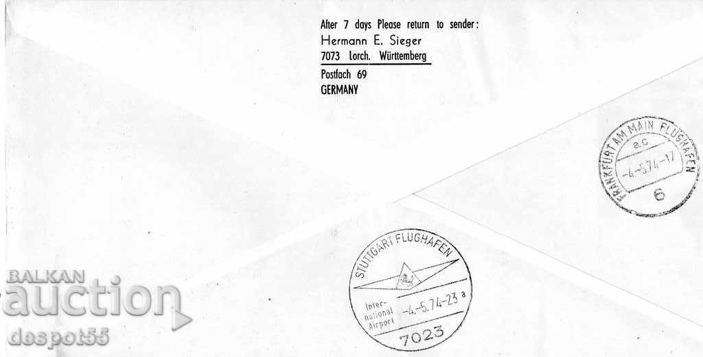 1974. Παραγουάη. 40 χρόνια πτήσεων της Lufthansa προς Παραγουάη. Φάκελος. με τιμή 3.50 BGN | € 1.79 1974. Παραγουάη. 40 χρόνια πτήσεων της Lufthansa προς Παραγουάη. Φάκελος. με τιμή 3.50 BGN | € 1.79