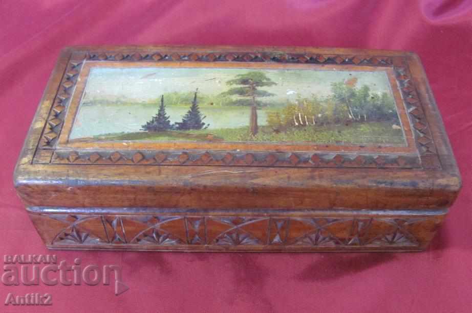 19th century Wooden Box hand-painted carving