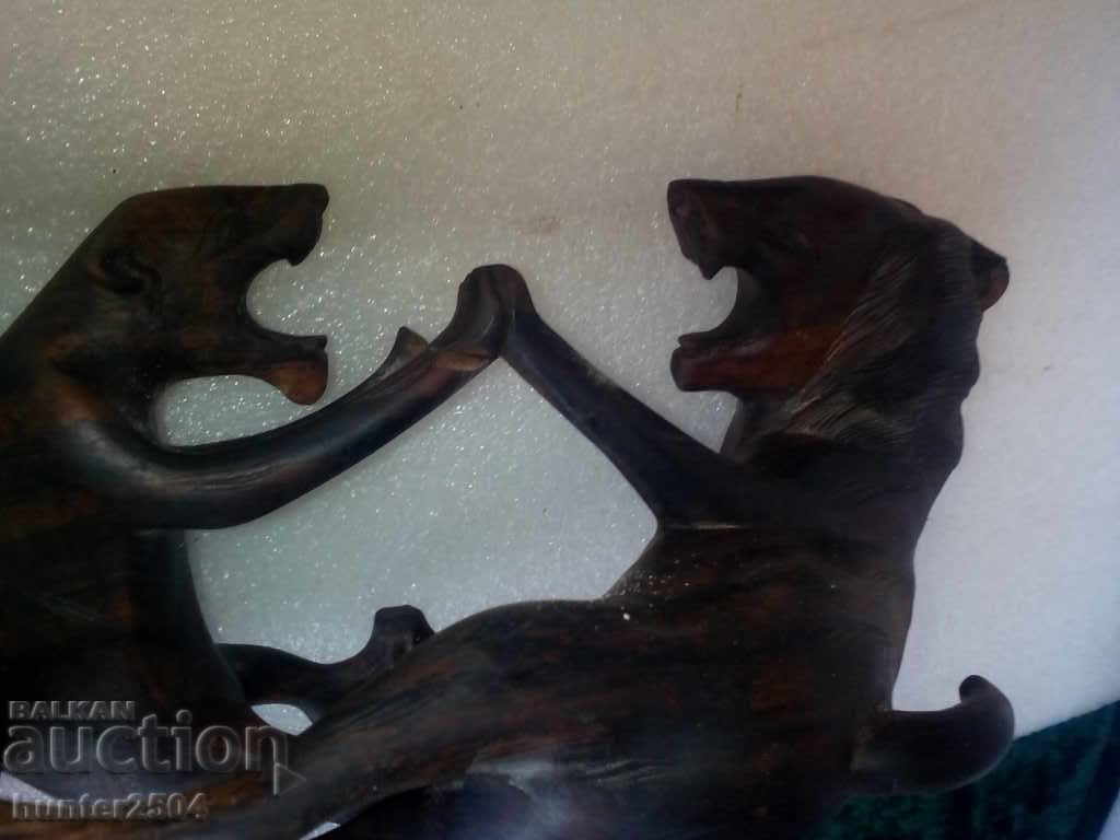 Licitație Puma și hiena abanos, lemn de trandafir? lemn, Japonia, inaltime 20 cm.