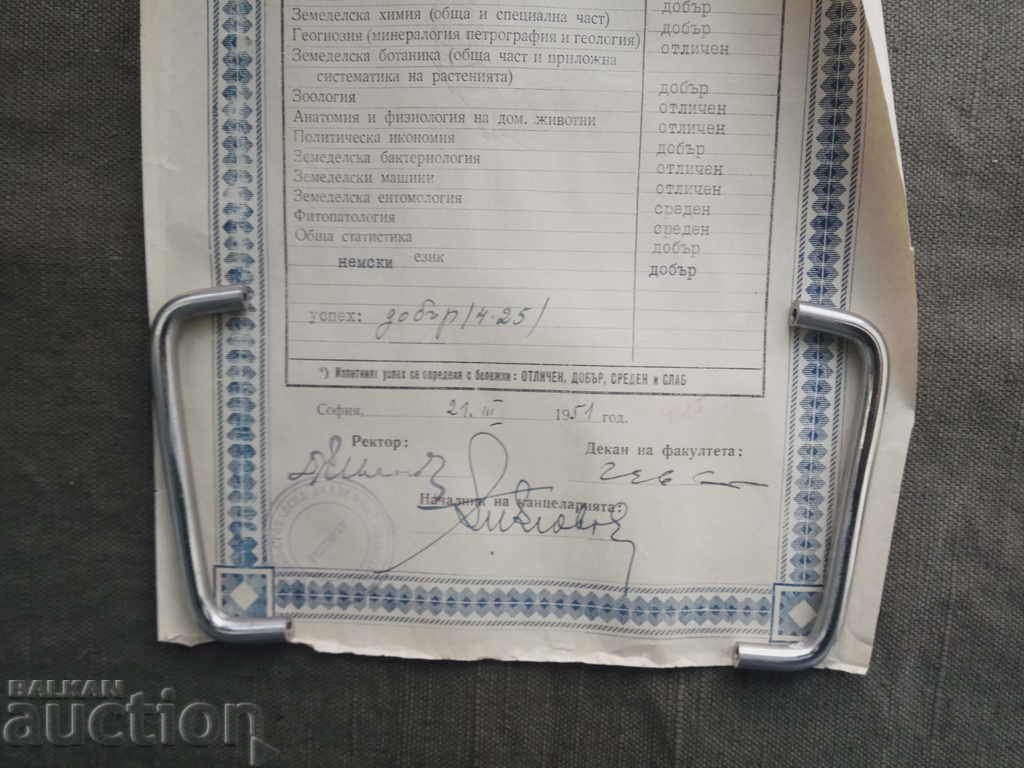 Certificate of the First University Examination 1951 with price 30.00 BGN | € 15.34