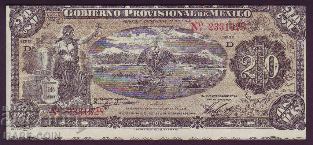 RS (20)  Мексико  20  Песо  1914  UNC  Rare