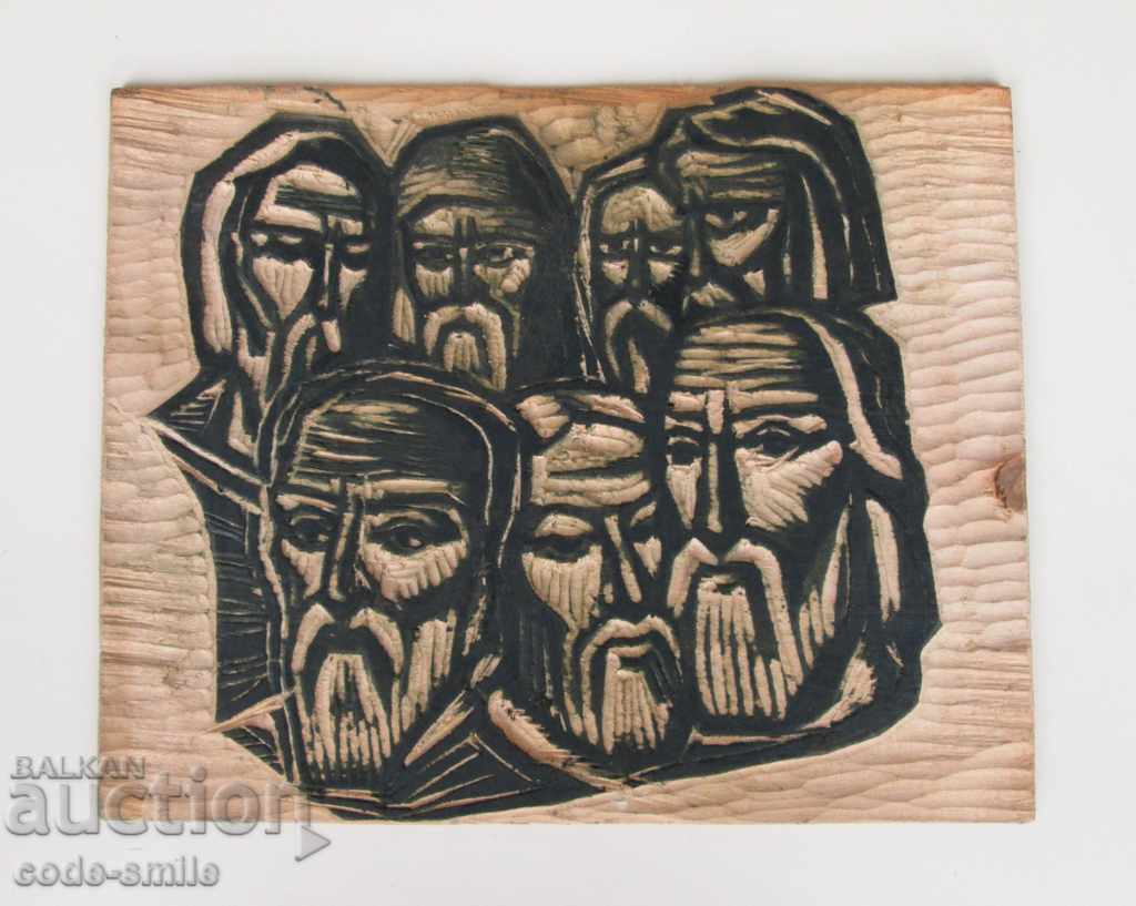 Old Carving "Folk Alarms" picture mixed technique