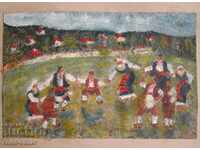 Pictură veche „Oameni țărani” pictură desen peisaj în ulei