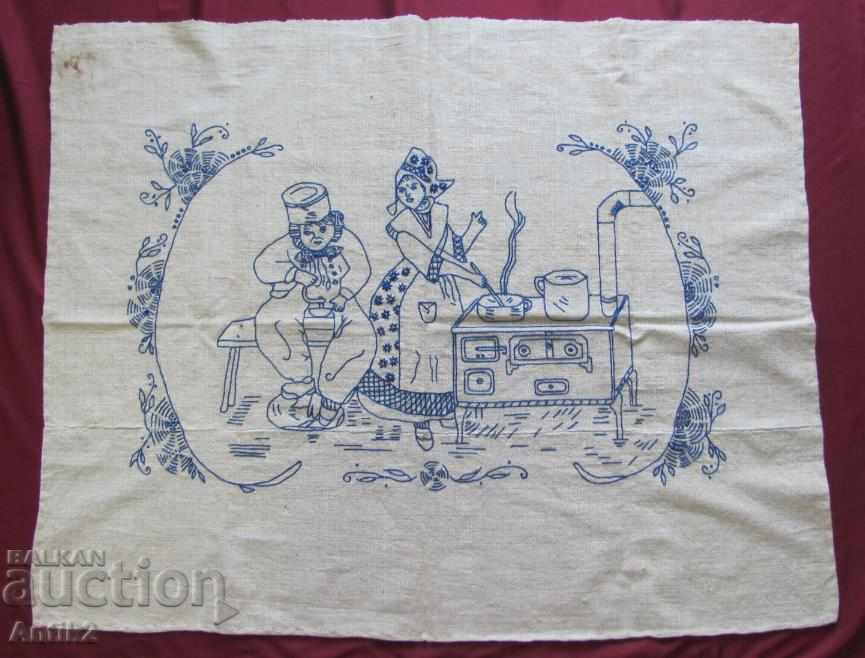 30s Handmade Embroidery on Linen Fabric Fabric