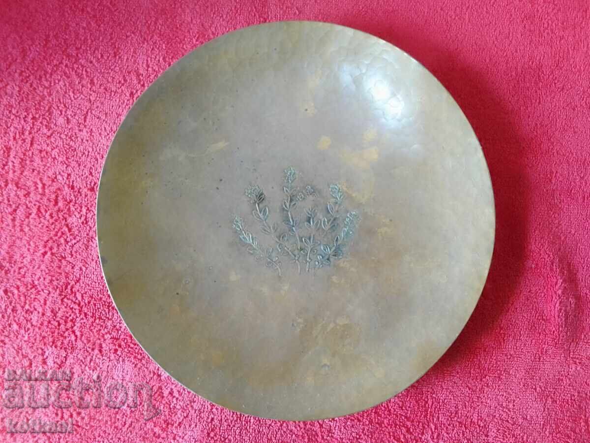 Old metal copper plate fruit bowl panel flowers marked Old metal copper plate fruit bowl panel flowers marked