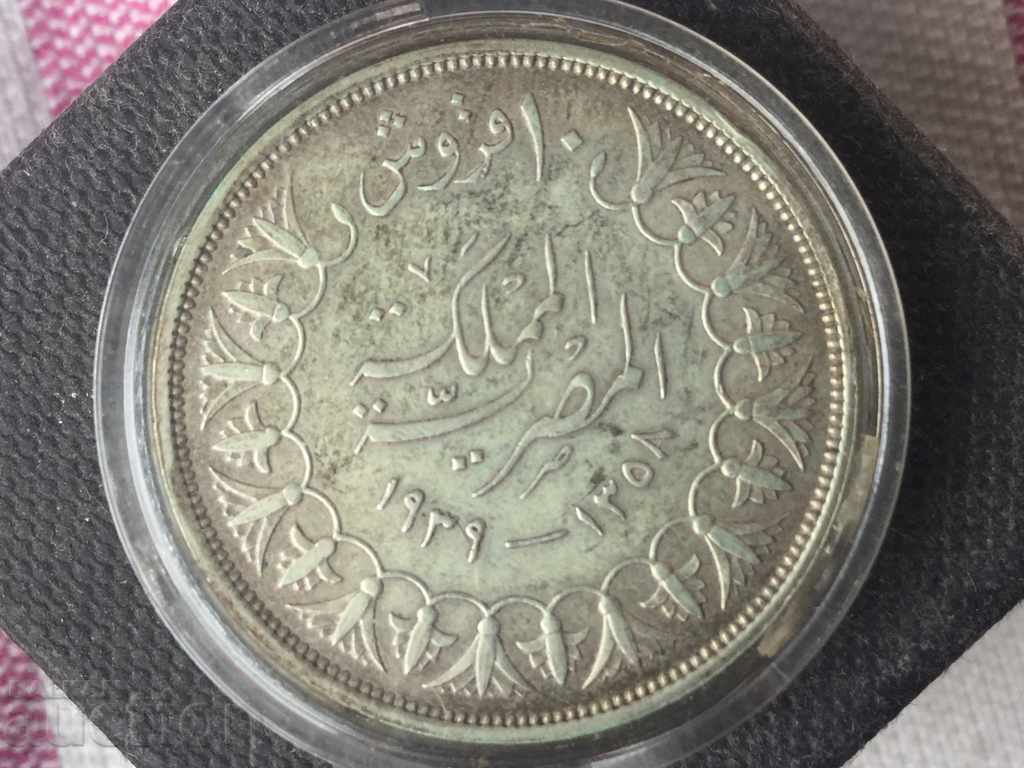 10 Piasters Egipt 1939 Regele Farooq argint excelent