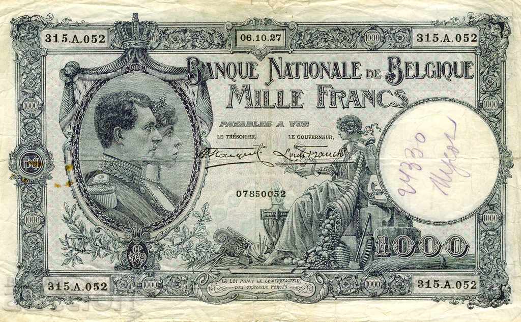 1000 Francs Belgium 6.10.1927 Extremely rare note