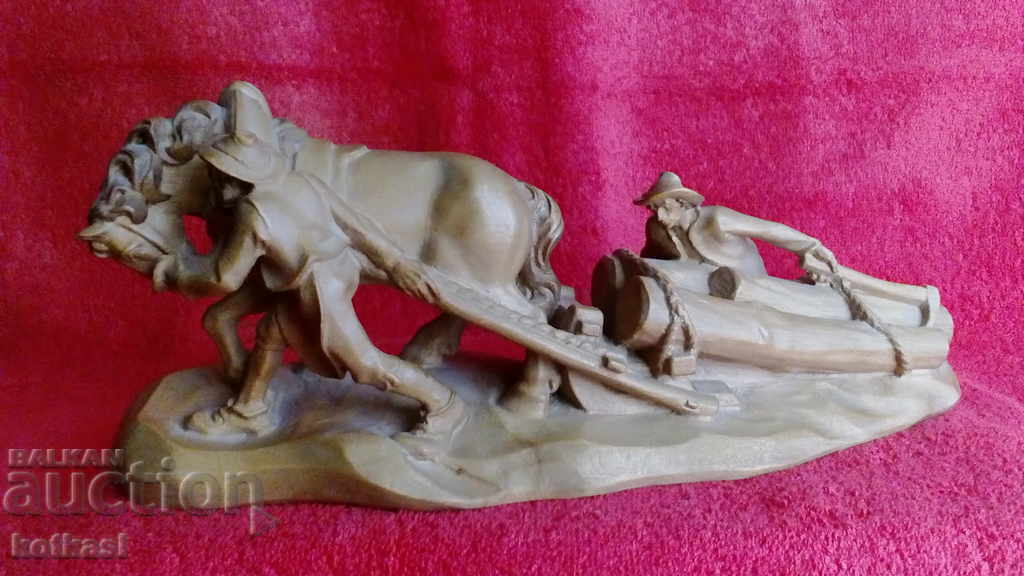 Sculptură în Lemn Compoziție Figura Cal Bărbați Cadavre de Muncă