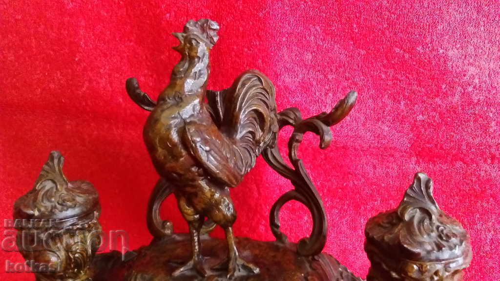 Auction  Old metal bronze aluminum alloy tsam Inkwell Rooster
