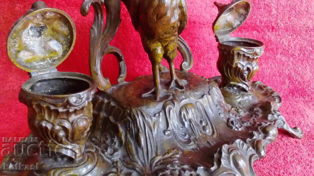 Old metal bronze aluminum alloy tsam Inkwell Rooster - 5