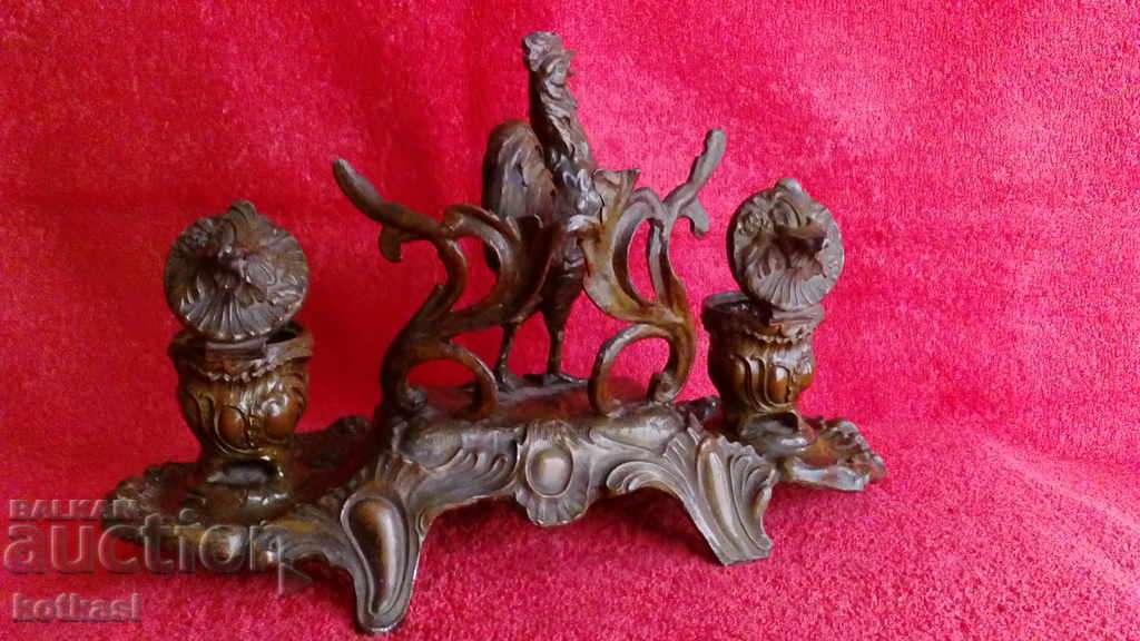 Old metal bronze aluminum alloy tsam Inkwell Rooster - 6