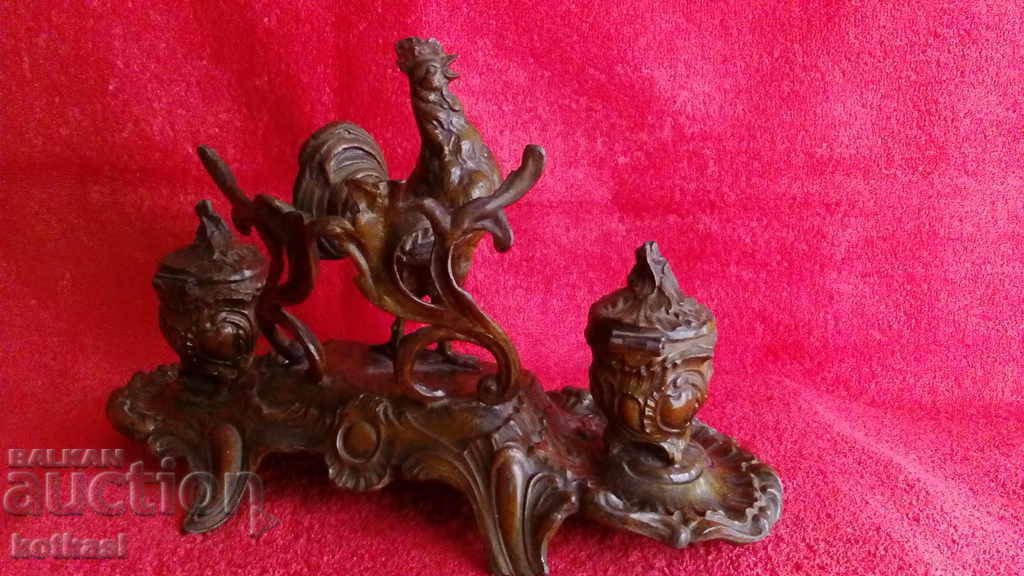Old metal bronze aluminum alloy tsam Inkwell Rooster - 7