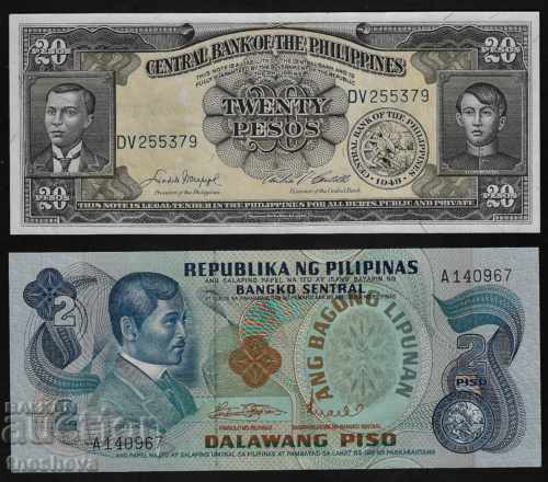 SET 2PCS-FILIPPINE 20 PESO 1949 g +2 PISO 1970 g -UNC