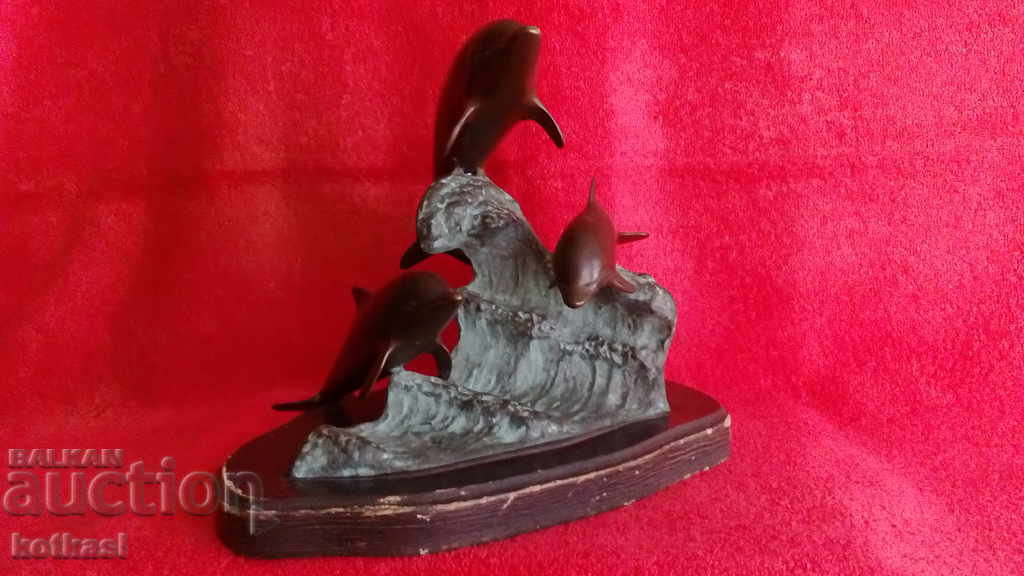Licitație Compoziție veche figuri de pești Delfinii val de bronz stâlp de mare