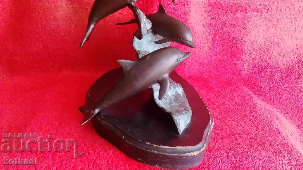 Livrarea Compoziție veche figuri de pești Delfinii val de bronz stâlp de mare