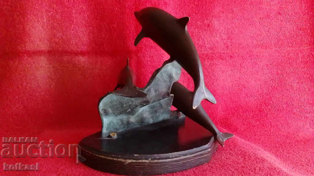 Compoziție veche figuri de pești Delfinii val de bronz stâlp de mare - 6