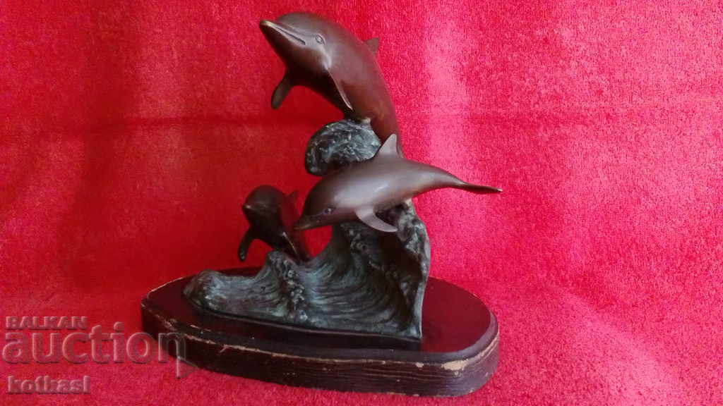 Old composition fish figures Dolphins bronze wave sea post