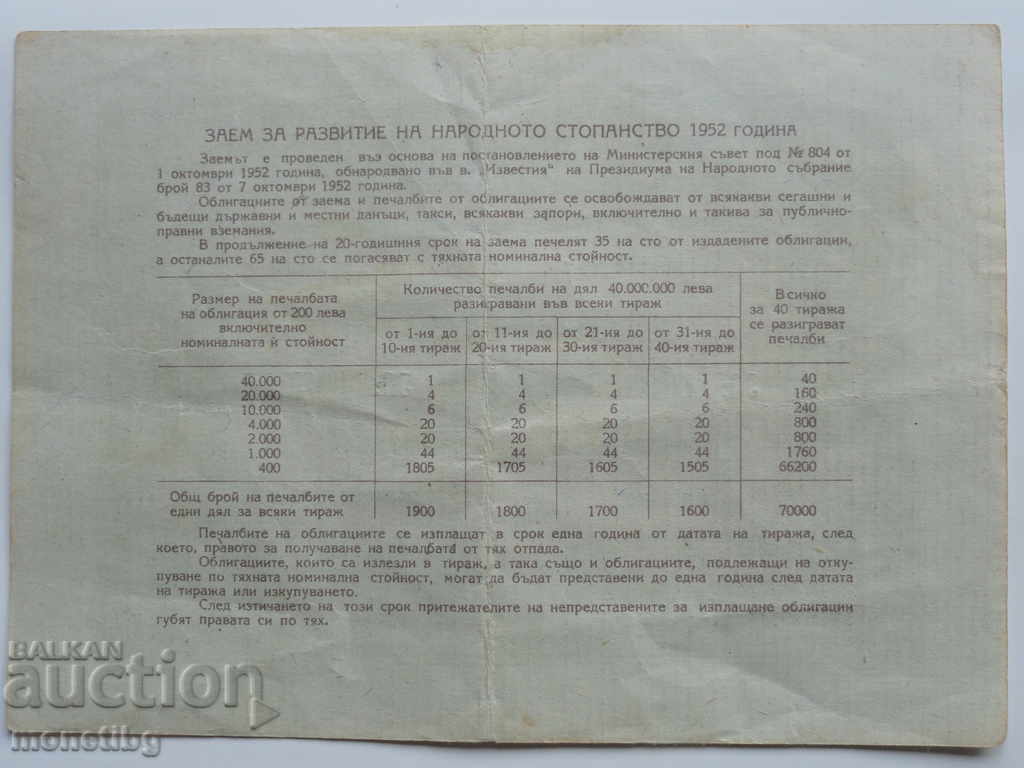 България 1952г. - Облигация (20 лева) с цена € 3.20 | 6.26 лв.