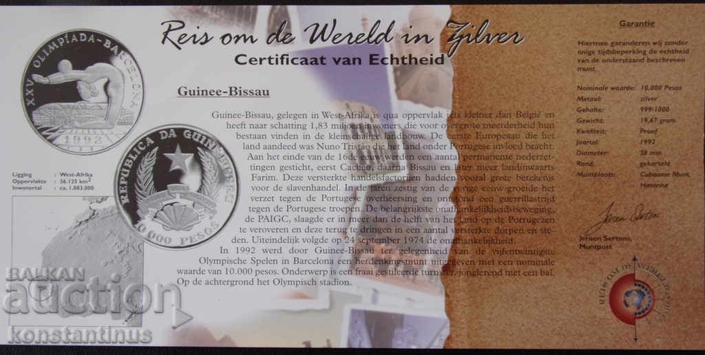 Licitație Guinea-Bissau 10.000 Pesos 1992 PROOF UNC Argint Rare