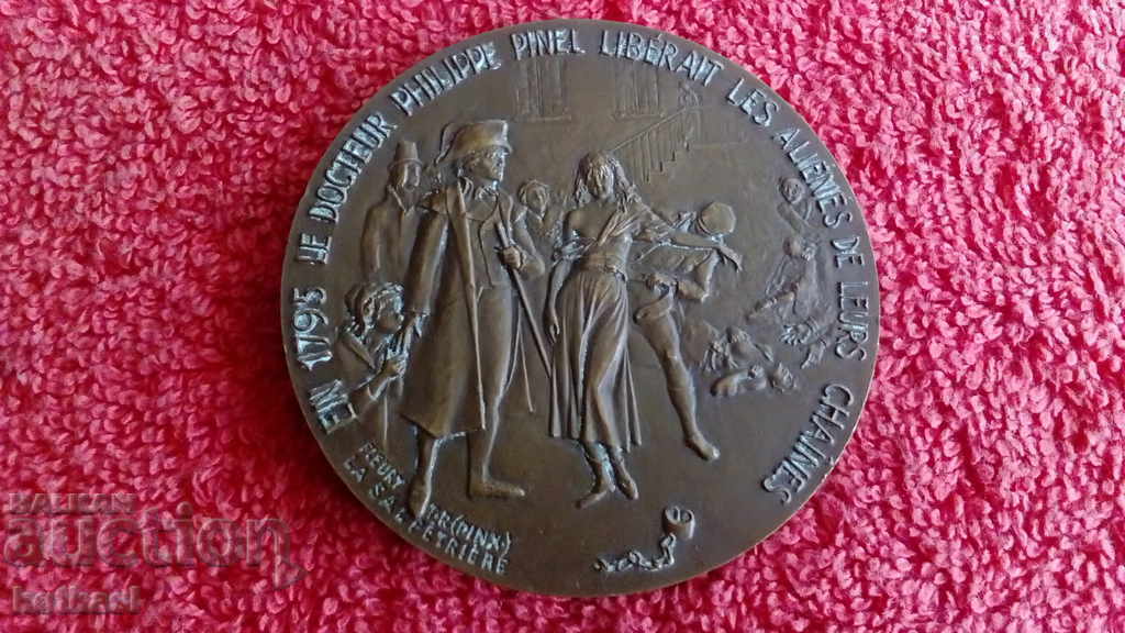 Placă de bronz rară FRANȚA 1950 Medicină psihiatrie