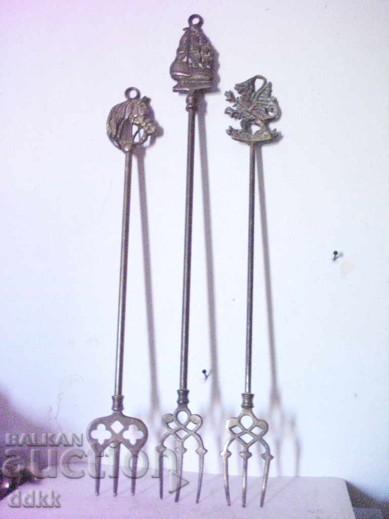 Old bronze fireplace forks - 3 pcs.