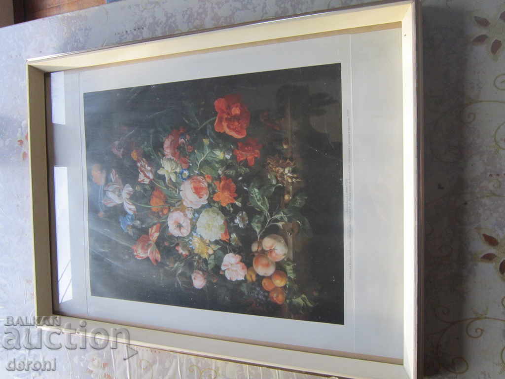 An old still life painting with flowers and fruits