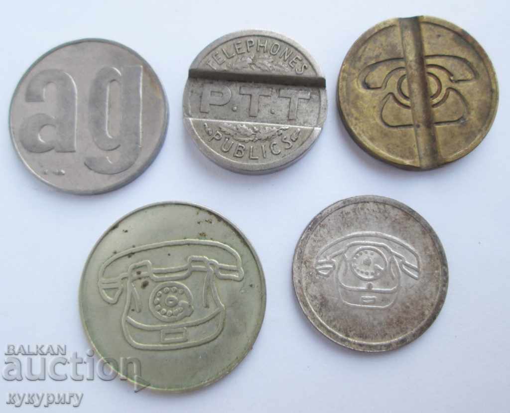 Auction Lot of 5 different old token tokens for phone Auction Lot of 5 different old token tokens for phone