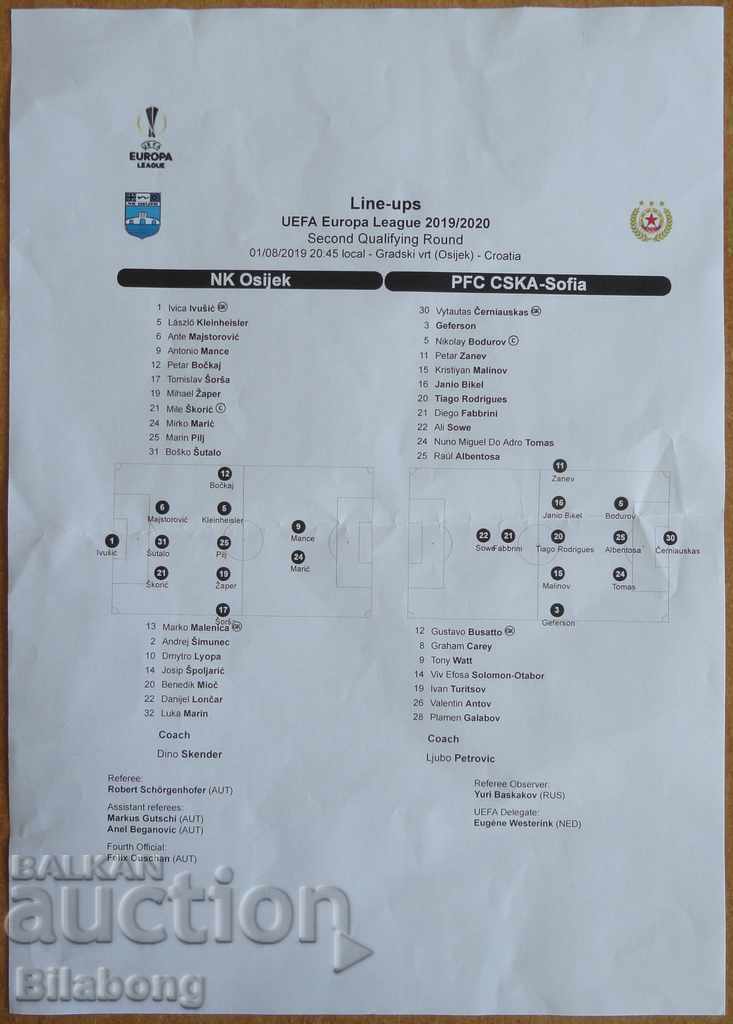 Football team list Osijek-CSKA, Europa League - 2019