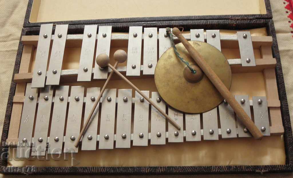 Musical percussion instrument xylophone with batons and cymbal
