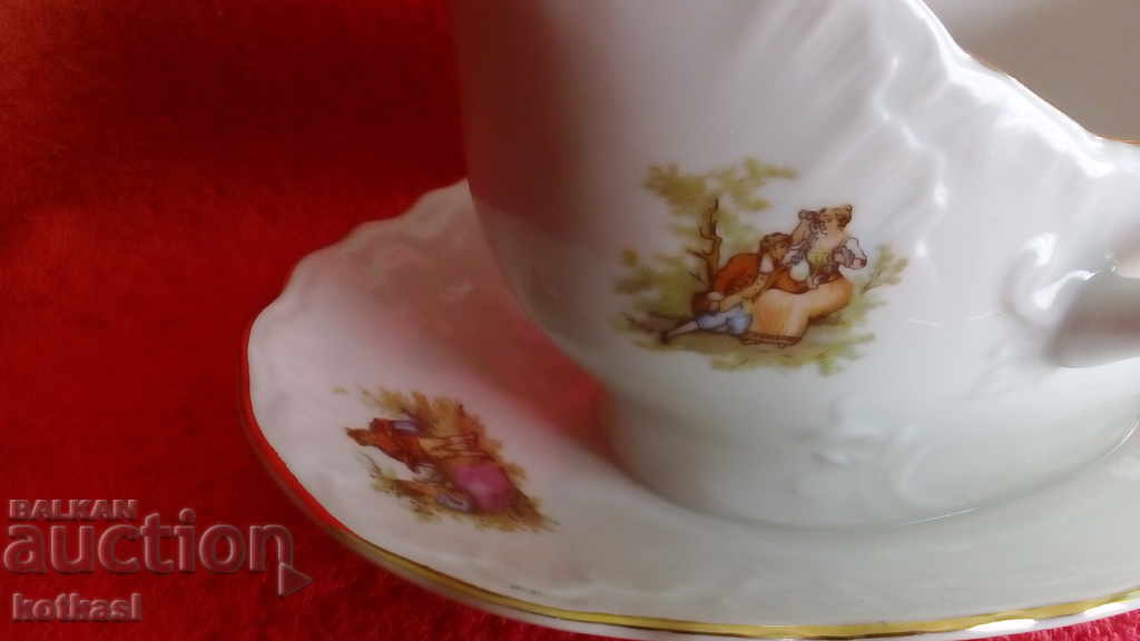 Auction Old porcelain saucer marked 6 pcs drawings gold edging Auction Old porcelain saucer marked 6 pcs drawings gold edging