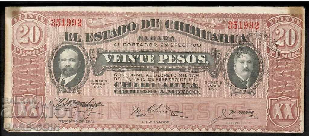 RS (22) Mexico 20 Peso 1914 Rare