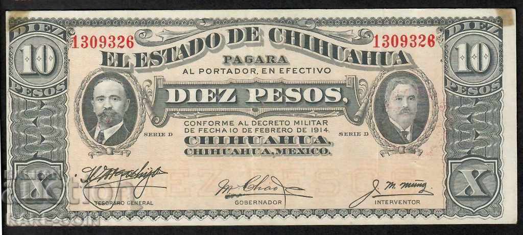 RS (22) Mexic 10 Pesos 1914 Rare