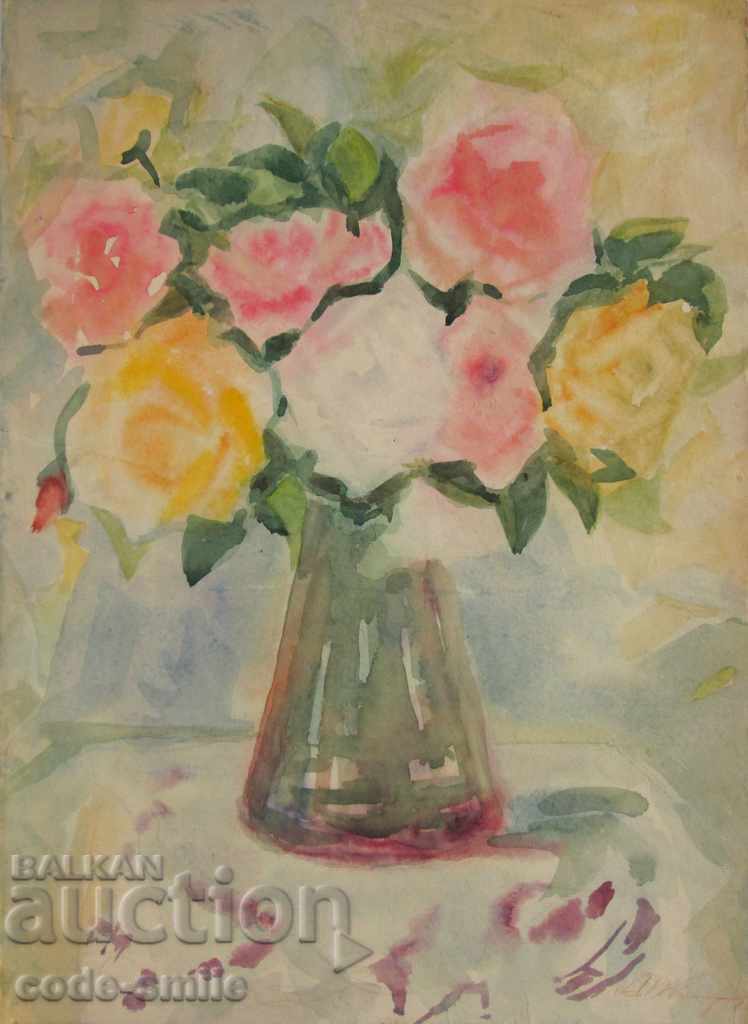 Το ζωγραφισμένο σχέδιο ζωγραφικής του ζωγράφου "Λουλούδια" του συγγραφέα υπέγραψε