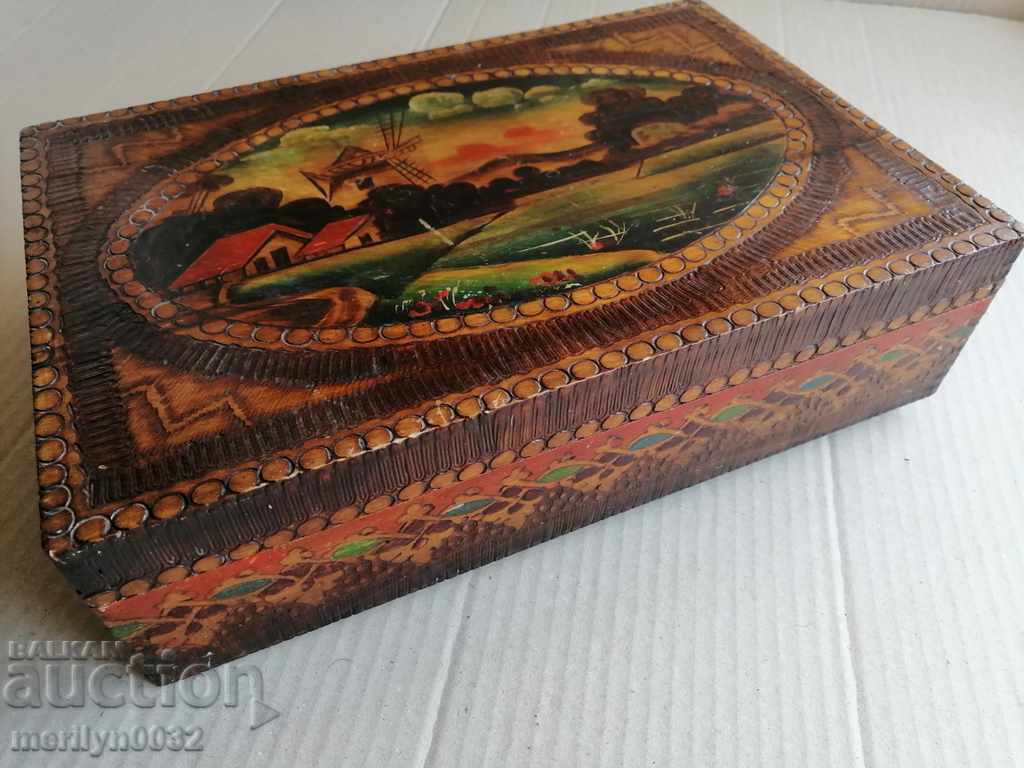 Auction  Old pyrographic box of wood, wooden, 40's
