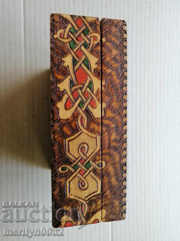 Auction  Old pyrography wooden box, woodwork, 1940s