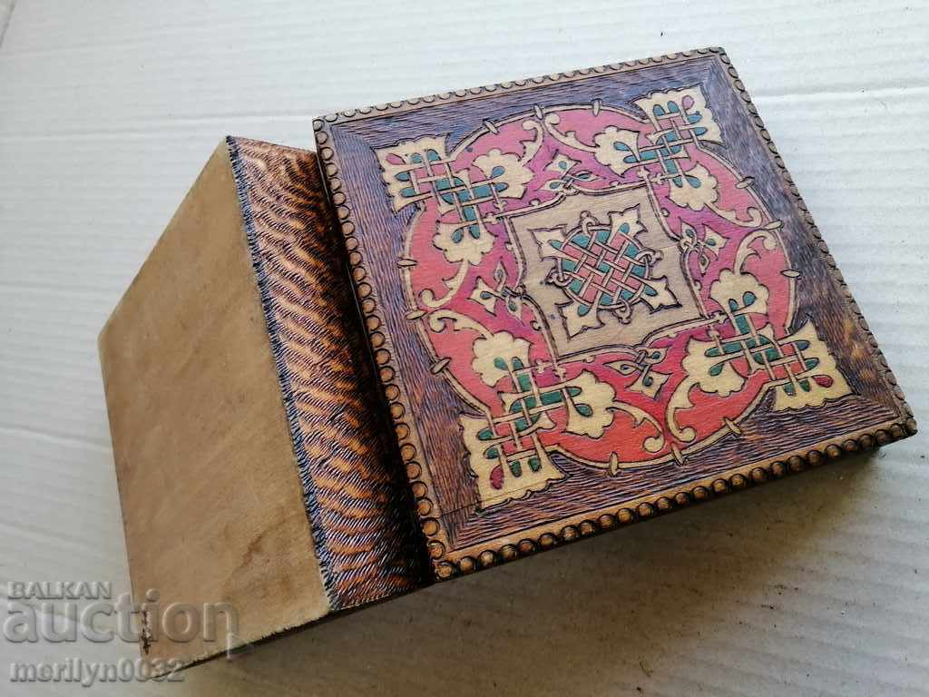 Old pyrography wooden box, woodwork, 1940s - 5