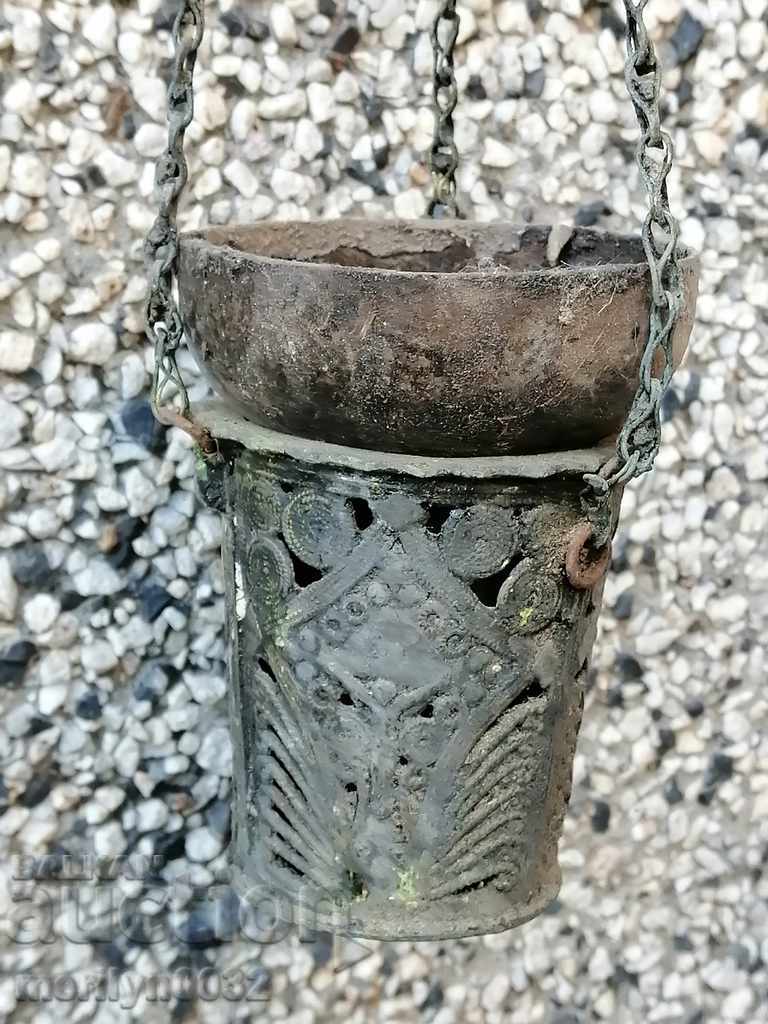 Licitație lumânare veche de bronz, icoana, religie, cruce