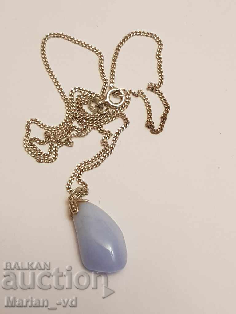 Silver chain with pendant of light blue chalcedony