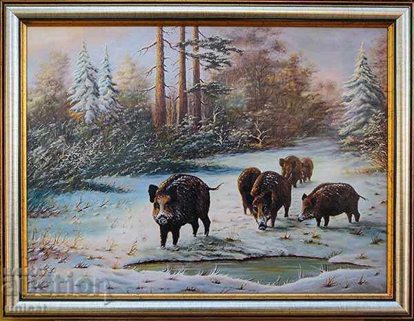 Wild boars, winter, landscape, picture for hunters
