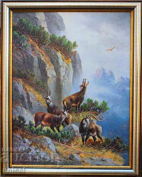 Mountain landscape with wild goats, painting
