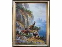 Mountain landscape with wild goats, painting
