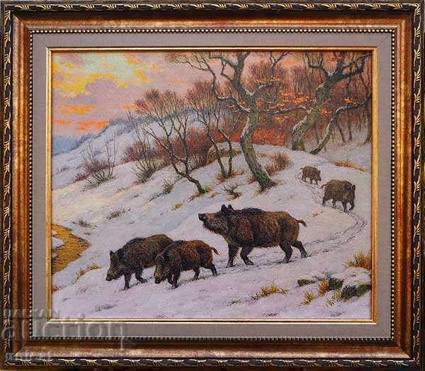 Winter landscape with wild boars, picture for hunters