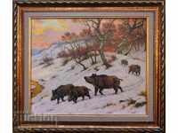 Зимен пейзаж с диви прасета, картина за ловци