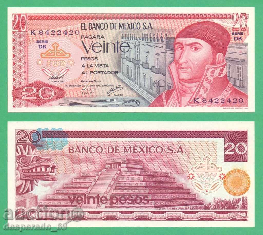 (¯`'•.¸ MEXICO 20 pesos 1977 UNC ¸.•'´¯)