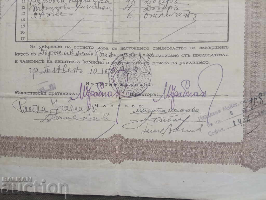 Certificate from the State Furs School Pleven 1929 with price 40.00 BGN | € 20.45