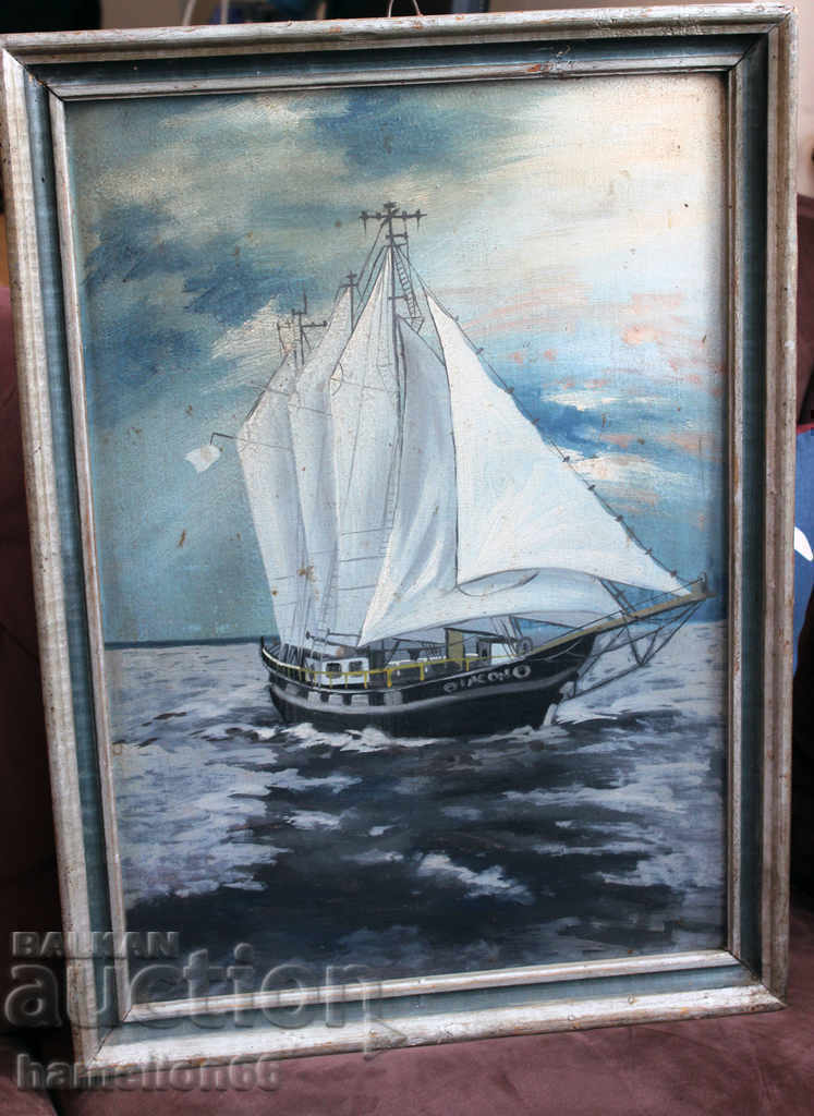 Old painting, Oil paints, "Landscape" Sea, ships-1992