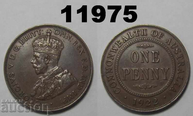 Австралия 1 пени 1922 AU кафява монета