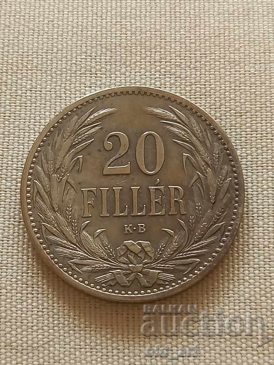 Монета - Унгария, 20 филера 1914 година