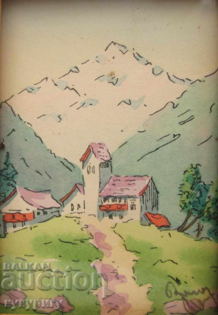 Old small drawing watercolor landscape painting signed - 5 Old small drawing watercolor landscape painting signed - 5