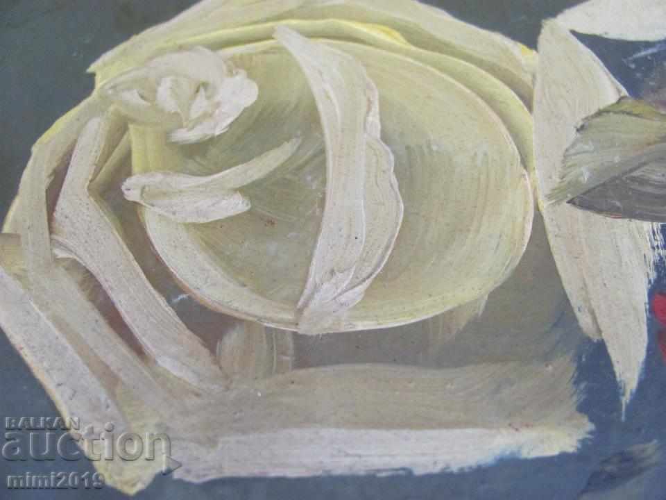 Imagine originală veche Buchet de trandafiri ulei pe carton - 5